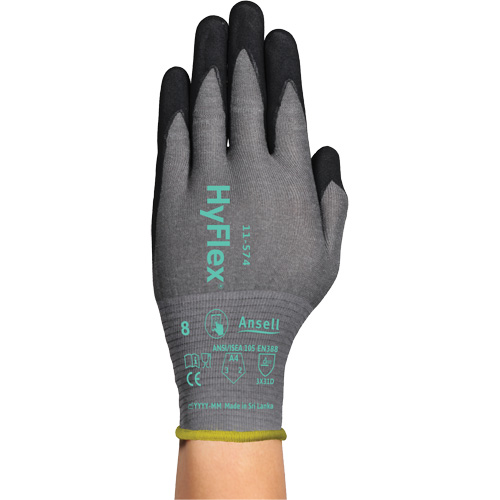 Gants r&eacute;sistants &agrave; la coupe HYFLEX 11-574, Taille 5/2T-petit, Calibre 21, Rev&ecirc;tement Mousse de nitrile, Enveloppe en Intercept, ASTM ANSI niveau A4/EN 388 niveau D Fastek