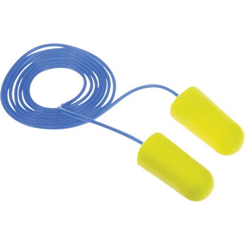 Bouchons d'oreilles n&eacute;on jaune E-A-Rsoft, Vrac - Sac en poly, Avec cordon Fastek