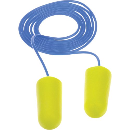 Bouchons d'oreilles n&eacute;on jaune E-A-Rsoft, Vrac - Sac en poly, Avec cordon Fastek