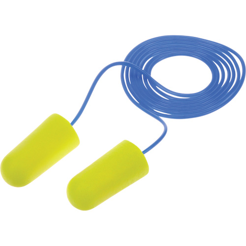 Bouchons d'oreilles n&eacute;on jaune E-A-Rsoft, Vrac - Sac en poly, Avec cordon Fastek