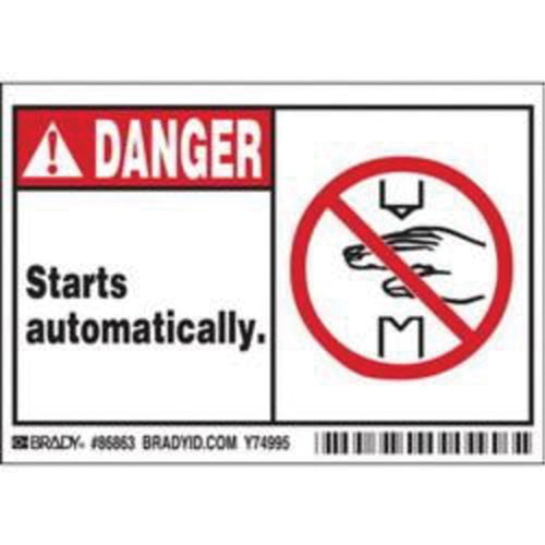 "Danger Starts Automatically" Sign, 3-1/2" x 5", Polyester, English with Pictogram Fastek