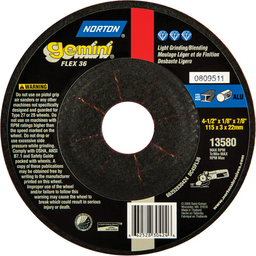Gemini&reg; Flexible Mini Disc Depressed Centre Wheel, 4-1/2" x 1/8", 7/8" Arbor, Aluminum Oxide, Type 27 Fastek