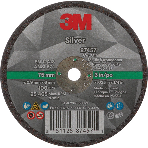 Silver Cut-Off Wheel, 3" x 0.04", 1/4"-28 Arbor, Type 1, Ceramic, 25645 RPM Fastek