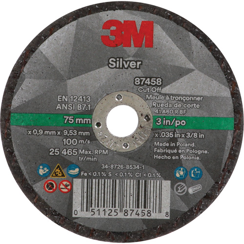 Silver Cut-Off Wheel, 3" x 0.04", 3/8"-24 Arbor, Type 1, Ceramic, 25645 RPM Fastek