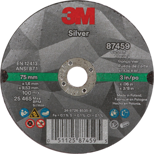 Silver Cut-Off Wheel, 3" x 0.06", 3/8"-24 Arbor, Type 1, Ceramic, 25645 RPM Fastek