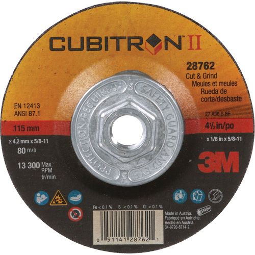 Cubitron II Quick Change Cut & Grind Wheel, 4-1/2" x 1/8", 5/8"-11 Arbor, Type 27, Ceramic Fastek