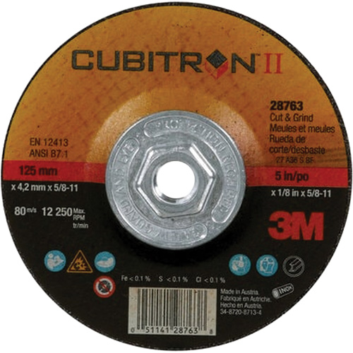 Disque de coupe et de meulage &agrave; changement rapide Cubitron II, 5" x 1/8", Arbre de 5/8"-11, Type 27, C&eacute;ramique Fastek
