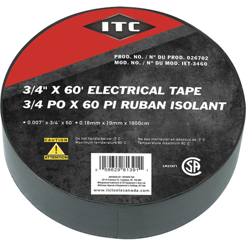 IET-3460 Electrical Tape, 19 mm (3/4") x 18.28 m (60'), Black Fastek
