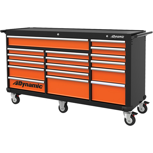 Roller Cabinet, 17 Drawers, 71" W x 24" D x 41" H, Black/Orange Fastek