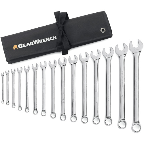12-Point Long Pattern Wrench Set with Tool Roll, Combination, 15 Pieces, Imperial Fastek