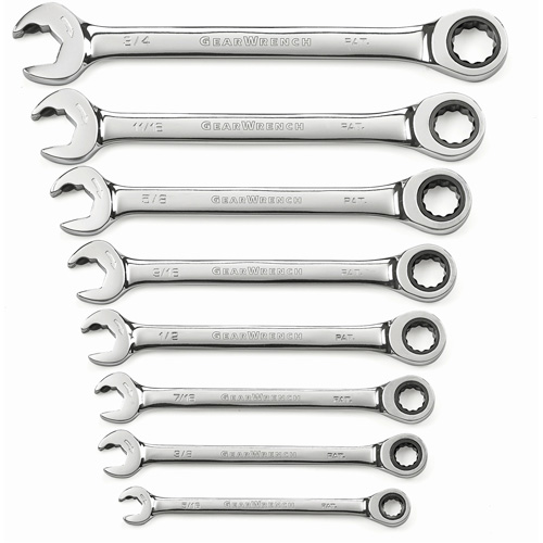 72-Tooth 12 Point Ratcheting SAE Wrench Set, Combination/Open-Ended, 8 Pieces, Imperial Fastek
