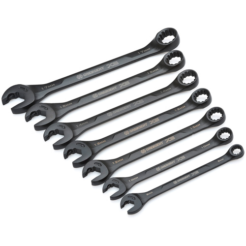 X6 Black Oxide Spline Ratcheting Wrench Set, Combination/Open-Ended, 7 Pieces, Metric Fastek