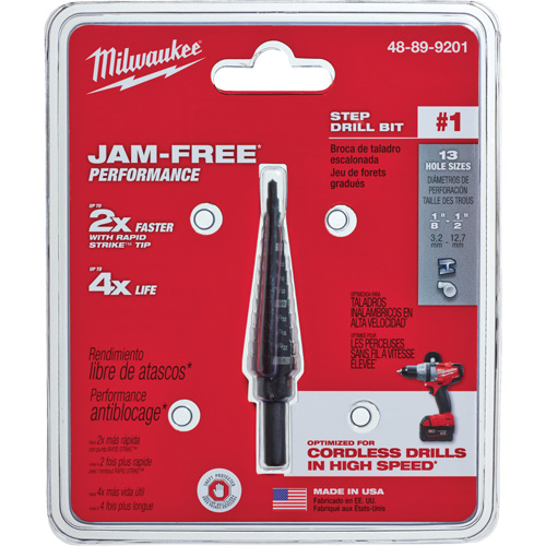 #1 Step Drill Bit, 1/8" - 1/2" , 1/32" Increments, High Speed Steel Fastek