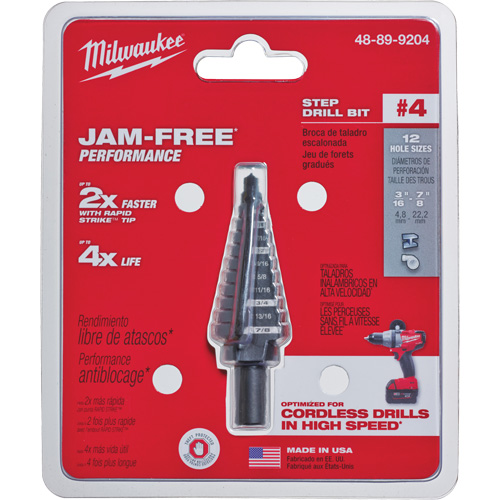 #4 Step Drill Bit, 3/16" - 7/8" , 1/16" Increments, High Speed Steel Fastek