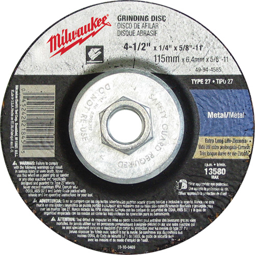 Grinding Wheel, 4-1/2" x 1/8", 5/8"-11 Arbor, Aluminum Oxide, Type 27 Fastek