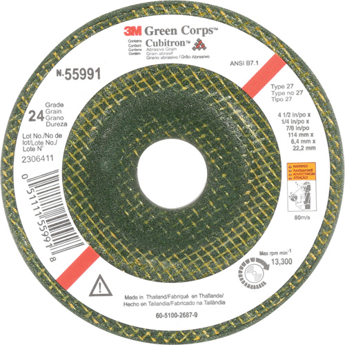 Green Corps Depressed Centre Wheel, 4-1/2" x 1/4", 7/8" Arbor, Ceramic, Type 27 Fastek
