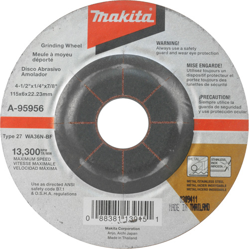 INOX Grinding Wheel, 4-1/2" x 1/4", 7/8" Arbor, Aluminum Oxide, Type 27 Fastek