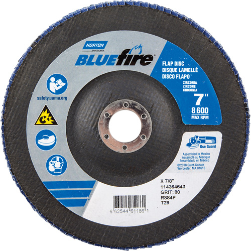 BlueFire R884P Coarse Grit Flap Disc, 7" x 7/8", Type 27, 80 Grit, Zirconia Alumina Fastek