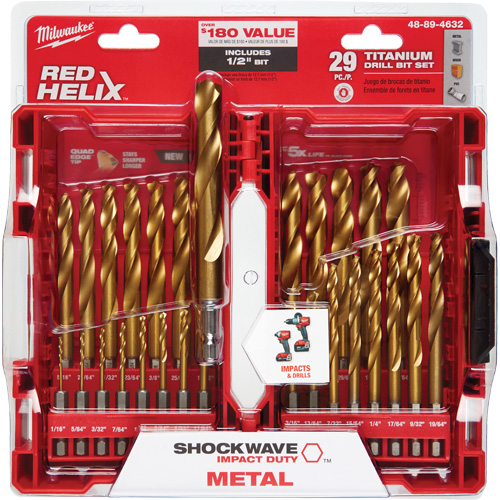 Shockwave Red Helix Drill Bit Set, 29 Pieces, Titanium Fastek