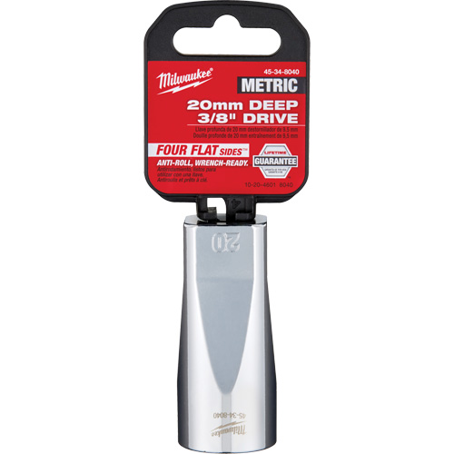 Douille m&eacute;trique avec c&ocirc;t&eacute;s Four Flats, 20 mm, Prise 3/8", 6 pans, Profond Fastek