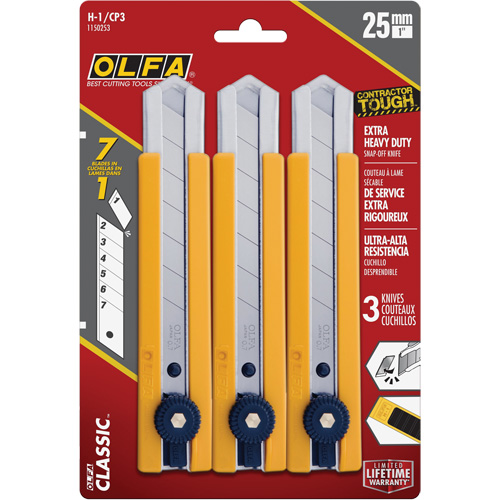 Couteau utilitaire classique extra robuste H-1 avec prise &agrave; pi&egrave;ce caoutchout&eacute;e, 25 mm Fastek