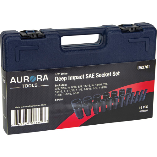 SAE Socket Set, 19 Pcs, Impact, 1/2" Drive Size, Deep Fastek