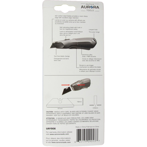 Couteau de s&eacute;curit&eacute; r&eacute;tractable , Acier inoxydable, Robuste, Prise en Plastique/Aluminium Fastek