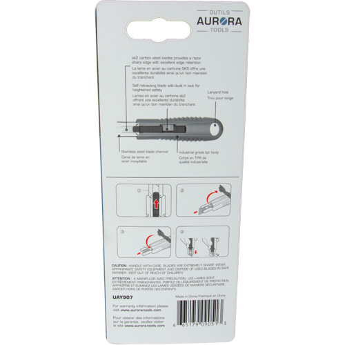 Couteau de s&eacute;curit&eacute; r&eacute;tractable standard, Acier inoxydable, Prise en Caoutchouc Fastek