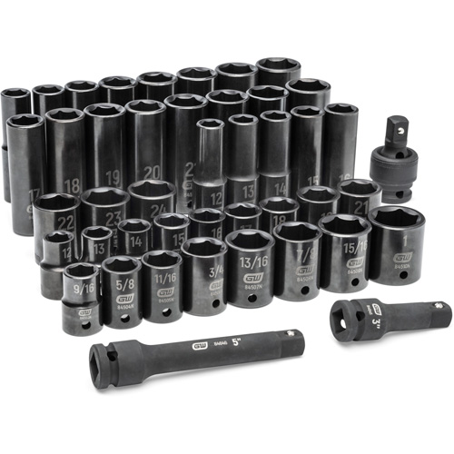 6 Point SAE/Metric Socket Set, 44 Pcs, Impact, 1/2" Drive Size, Deep Fastek