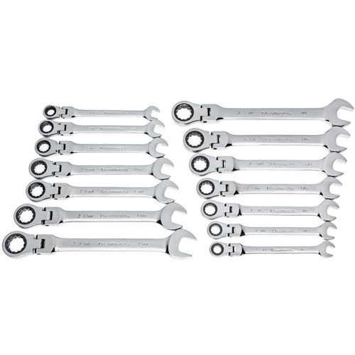 72-Tooth 12 Point Wrench Set, Flex Head/Ratcheting Combination, 14 Pieces, Imperial and Metric Fastek