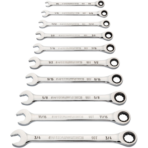 90-Tooth 12-Point Wrench Set, Ratcheting Combination, 10 Pieces, Imperial Fastek