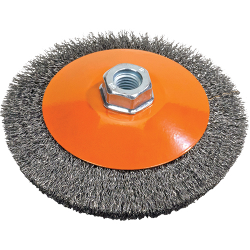 Brosse soucoupe &agrave; fils nou&eacute;s torsad&eacute;s, Dia. 5", Fils 0,02", Arbre 5/8"-11, Acier Fastek