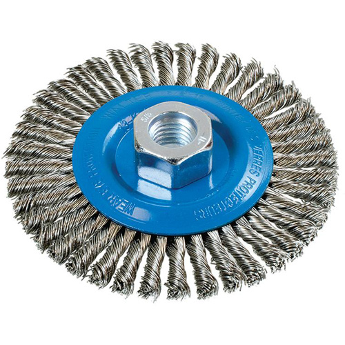 Stringer Bead Knotted Wire Brush, 4-1/2" Dia., 0.02" Fill, 5/8"-11 Arbor, Aluminum/Stainless Steel Fastek
