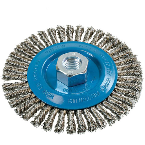 Brosse &agrave; fils &eacute;troits nou&eacute;s et torsad&eacute;s, Dia. 5", Fils 0,02", Arbre 5/8"-11, Aluminium/Acier inoxydable Fastek