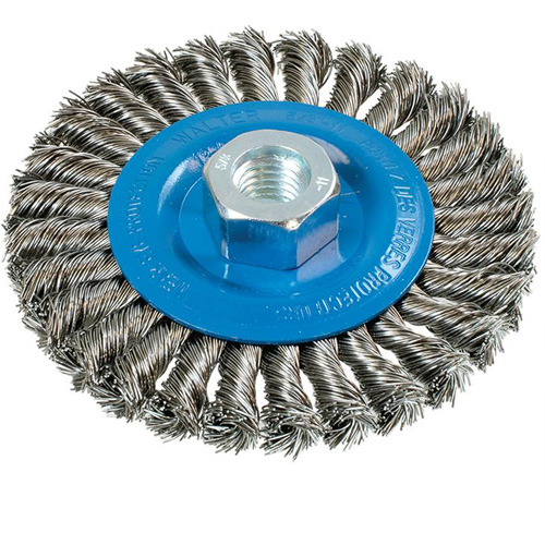 Brosse rotative &agrave; fils nou&eacute;s large, Dia. 4-1/2", Fils 0,02", Arbre 5/8"-11, Aluminium/Acier inoxydable Fastek