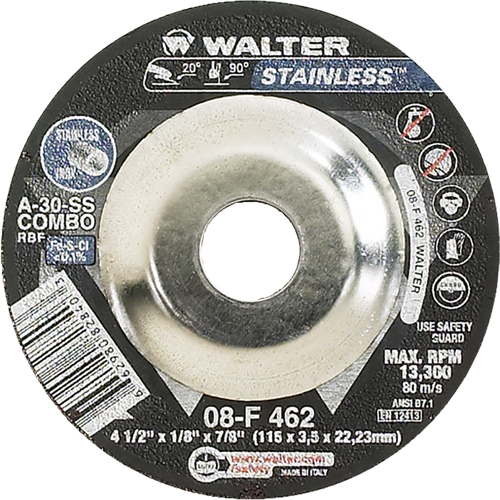 Depressed Centre Grinding Wheels - Stainless Type 27, 4-1/2" x 1/8", 7/8" Arbor, Type 27 Fastek