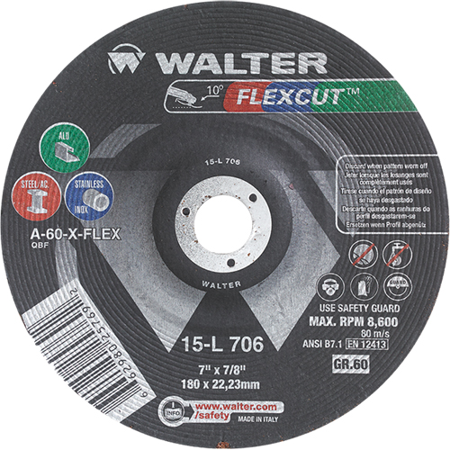 Meules &agrave; moyeu d&eacute;port&eacute; Flexcut, 7", 60 Grain, Oxyde d'aluminium, 7/8", 8600 Tr/min, Type 29 Fastek