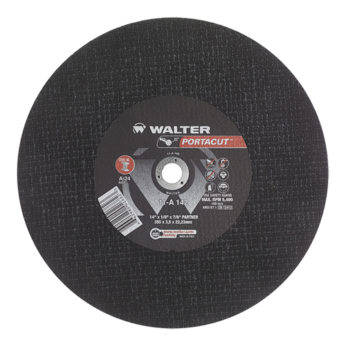 Meule &agrave; tronçonner rapide en acier inoxydable Portacut, 14" x 1/8", Arbre de 7/8", Type 1, Oxyde d'aluminium, 5400 Tr/min Fastek
