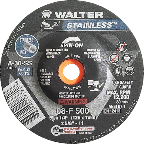 Depressed Centre Grinding Wheels - Stainless Type 27, 5" x 1/4", 5/8"-11 Arbor, Type 27S Fastek