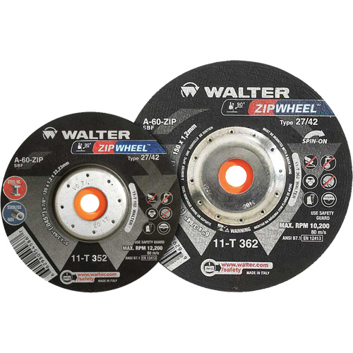 Spin-On Zipcut Right Angle Grinder Reinforced Cut-Off Wheels, 5" x 7/8", 5/8"-11 Arbor, Type 27, Aluminum Oxide, 12200 RPM Fastek