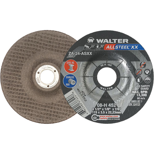 Depressed Centre Grinding Wheels - Allsteel XX, 4-1/2" x 1/8", 7/8" Arbor, Type 27, Zirconia Alumina, 13300 RPM Fastek