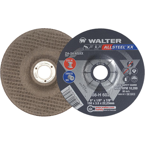 Depressed Centre Grinding Wheels - Allsteel XX, 6" x 1/8", 7/8" Arbor, Type 27, Zirconia Alumina, 10200 RPM Fastek