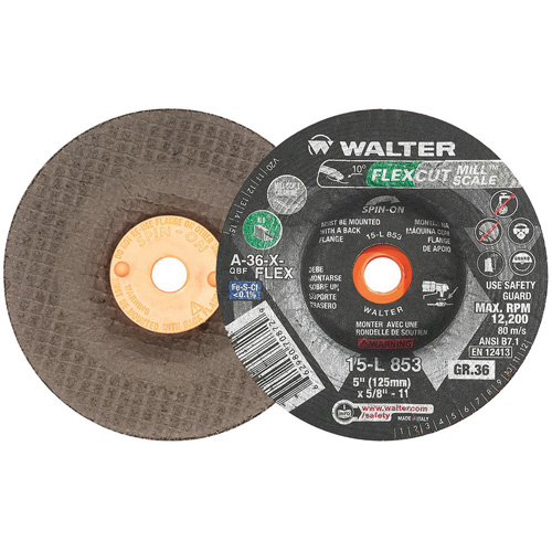 FLEXCUT MILL SCALE Grinding Wheel, 5", 36 Grit, Aluminum Oxide, 5/8"-11, 12200 RPM, Type 29 Fastek