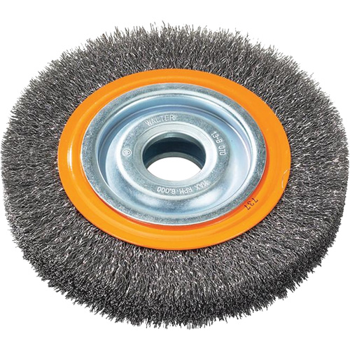 Crimped Wire Bench Wheel Brush, 6" Dia., 0.0118" Fill, 1/2" - 1/4" Arbor Fastek