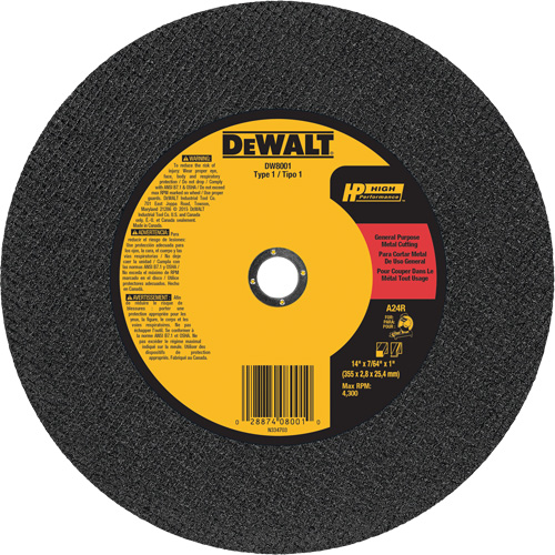 General Purpose Metal Cutting Chop Saw Wheel, 14" x 7/64", 1" Arbor, Type 1, Aluminum Oxide, 4300 RPM Fastek
