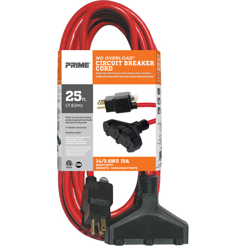 Vinyl Extension Cord, Outdoor, SJTW, 14/3 AWG, 15 A, 3 Outlet(s), 25' Fastek
