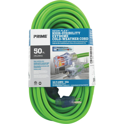 Neon Flex&reg; High Visibility Extension Cord, Outdoor, SJTW, 12/3 AWG, 15 A, 50' Fastek