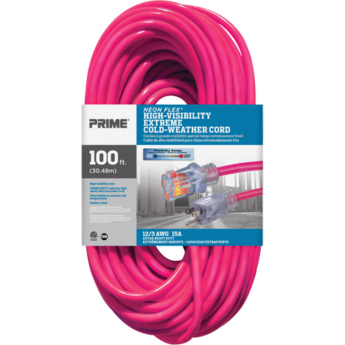 Neon Flex&reg; High Visibility Extension Cord, Outdoor, SJTW, 12/3 AWG, 15 A, 100' Fastek