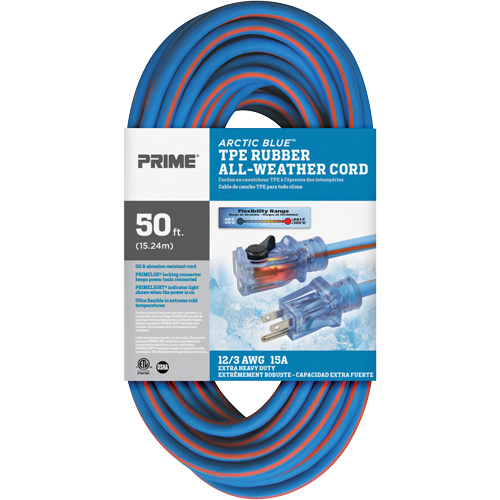 Arctic Blue TPE-Rubber Locking Extension Cord, All-Weather, SJEOW, 12/3 AWG, 15 A, 50' Fastek