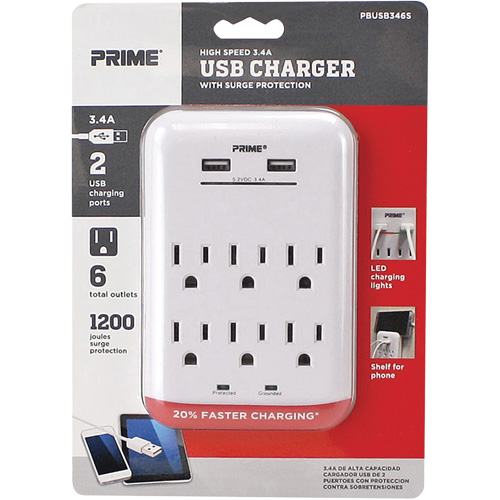 Prime&reg; USB Charger with Surge Protector Fastek